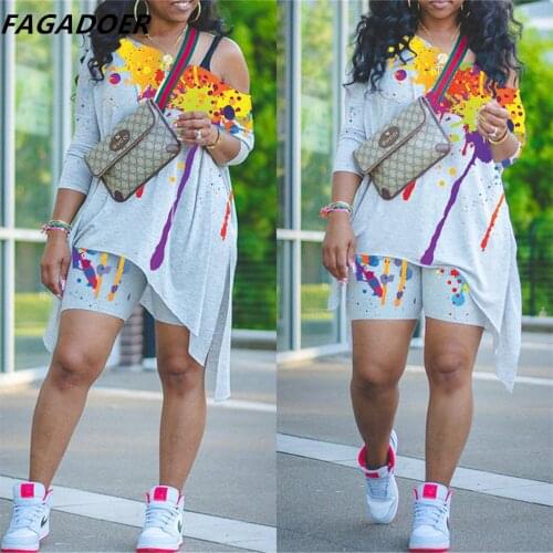 FAGADOER Graffiti Print Women Two Piece Sexy Off Shoulder Long Top+Shorts Suit Casual Loose Ladies Clothing 2021 Summer Outfit
