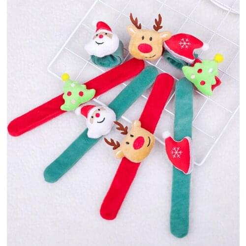 Christmas Slap Bracelet Cartoon Santa Claus Hat Deer Tree Plush Doll Circle Wrist Band Armband for Xmas Kids Party Favors Gifts