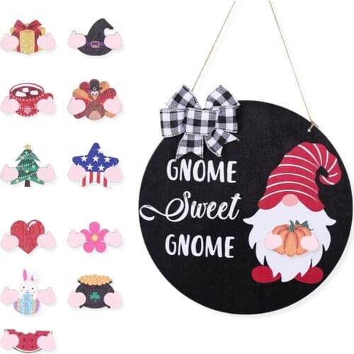 Interchangeable Seasonal Gnome Sweet Gnome Sign Front Door Decor Wooden Gnomes Door Hanger Rustic Farmhouse Wall Home Decoration