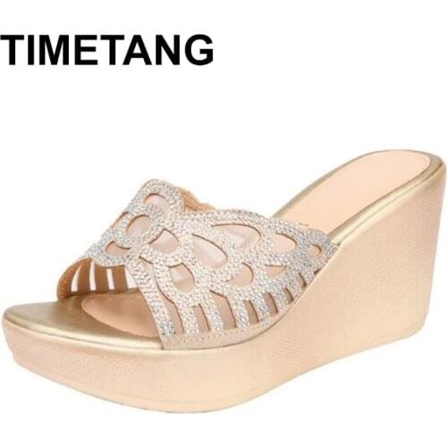 TIMETANG2021 Summer New Wedges Heel Sandals Women Platform Open Toe High Heel Large Size Gold Shoes Female