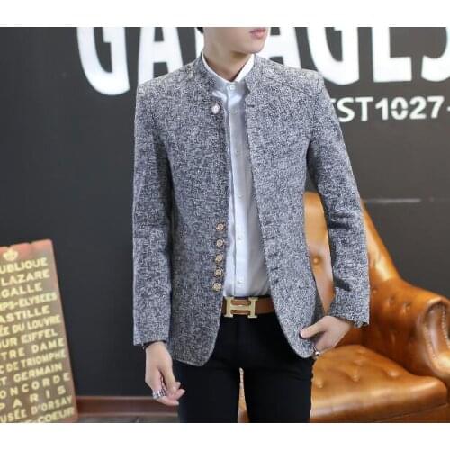 Spring and autumn korean chinese collar small suit mens dress chinese style youth mens casual tunic suit stand collar grey 2XL