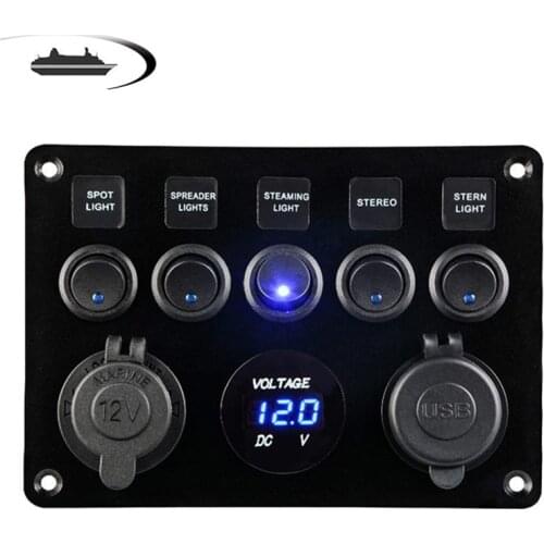 5 Gang Waterproof Marine Boat Switch Panel 12V Dual USB Socket 4.2A Circuit Breaker Toggle Switch Control for Car Boat Marine