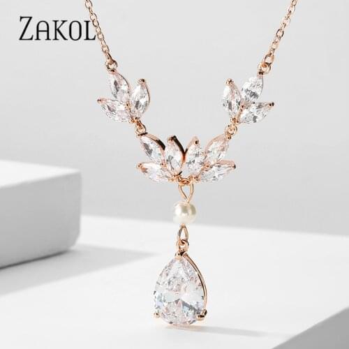 ZAKOL 2020 Trendy Three Colors Shiny Clear Cubic Zirconia Pendant Necklaces Women Wedding Party Jewelry FSNP2203
