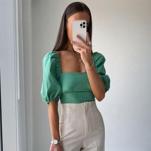 Ardm Fashion Sqaure Neck Backless Lace Up Blouses Femme Puff Sleeve Shirts Women 2021 Vintage High Waist Sweet Female Crop Top