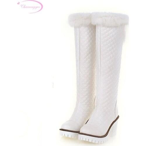 Chainingyee sweet style round toe knee high boots fashion rabbit hair platform black white high-heeled womens riding boots
