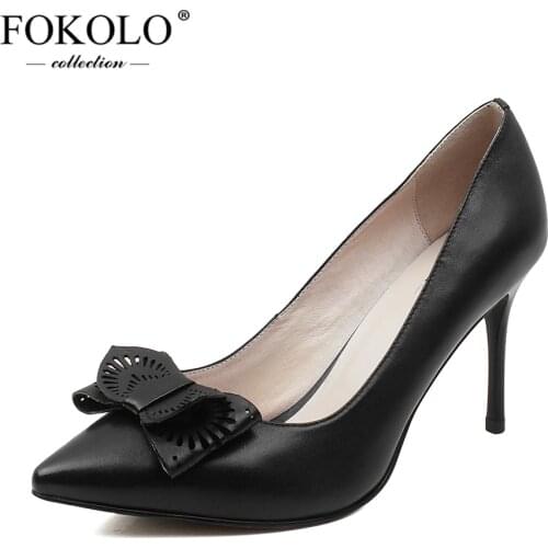 FOKOLO Pumps Women Pointed Toe Butterfly-knot Sheepskin High Heels 2020 New Summer Fashion Genuine Leather Casual Lady Shoes GX2