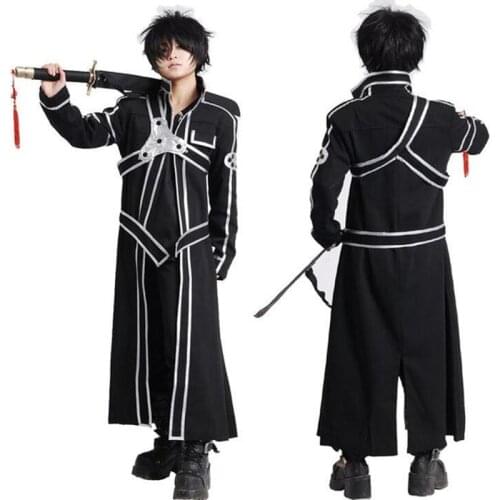 Sword Art Online SAO Kirito Kirigaya Kazuto Robe Cosplay Costumes Long Overcoat Trench Coat Cloak+Top+Pants+Belt+Shoulder straps