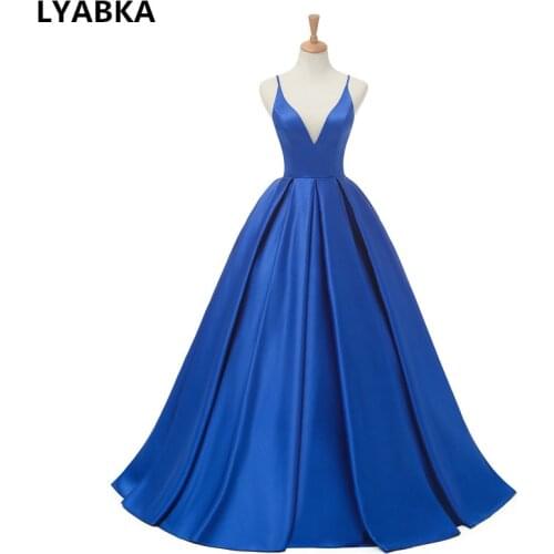 2020 Royal Blue Satin Evening Dresses Long Dress V-neck Prom Reflective Dress Aliexprss Evening Dress Open Back Robe De Soiree