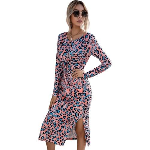 2021 Personality Leopard Slit Women Maxi Dress Long Sleeve O Neck Fashion Autumn Dresses New Bodycon Robe Vintage Slim Vestidos