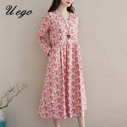 2021 New Arrival Long Sleeve Loose Women Spring Dress Print Floral Vintage Dress Linen Cotton Plus Size Autumn Casual Midi Dress