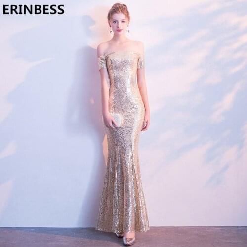 Sexy Gold Mermaid Prom Dresses Robe De Soiree Short Sleeve Boat Neck Sequin Special Occasion Dresses 2020 Long Prom Dress