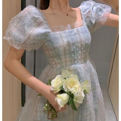 Puff Sleeve Vintage Plaid Dress Women Lace Princess Dress for Women Square Collar Evening Party Midi One Piece Dress 2021 Summer