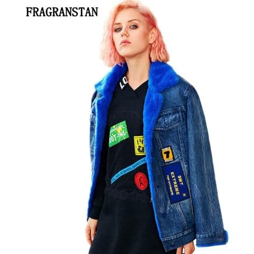 2018 Lady Winter New Thick Keep Warm Denim Jacket Parkas Female Vintage Fashion Letter Embroidery Patch Designs Loose Coat JQ414