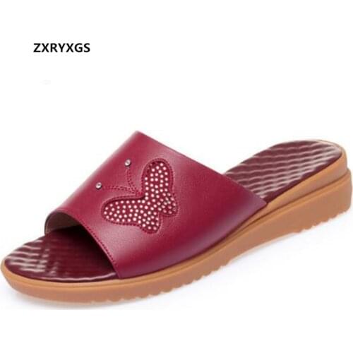 2021 New Fish Mouth Rhinestone Genuine Leather Women Sandal Shoes Fashion Slippers Flat Heel Plus Size Casual Slippers Sandals