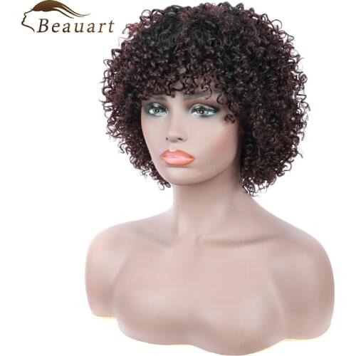Beauart 100% Brazilian Remy Human Hair Afro Kinky Curly Full Wigs For Black Women Kinky Curls Machine Wig With Hair Bangs