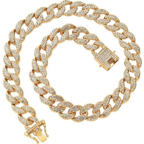 15mm Hip Hop Miami Cuban Chain Necklace Gold Silver Color Full Rhinestone Iced Out Necklace for Women Men Rapper Jewelry