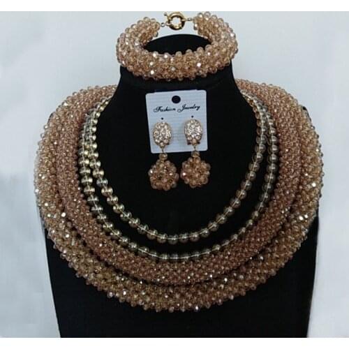 Dudo Bling Luxury Dubai Champagne Gold Necklace Sets 3 Layers African Beads Nigerian Wedding Jewellery