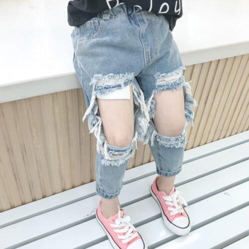 Boys Girls Bare knees Fashion Toddler Kids Child Girls Denim Pants Stretch Elastic Trousers Jeans Ripped Hole Clothes Baby