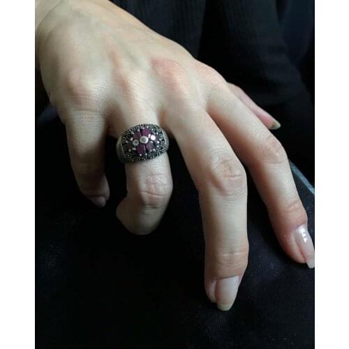 Purple Pattern Cubic Zirconia 925 Sterling Silver Women Marcasite Ring Adjustable Size