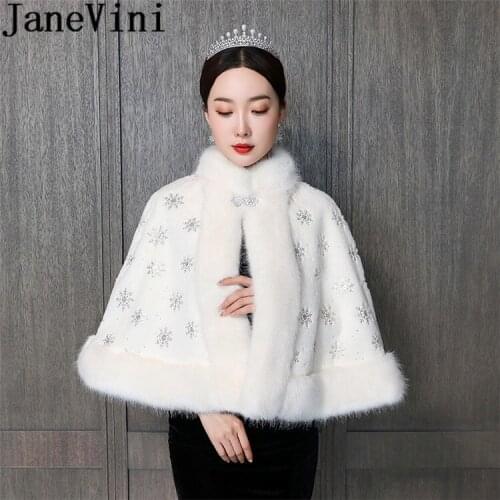 JaneVini Elegant Snowflake Decoration Bridal Shrugs High Neck Winter Faux Fur Bolero Wedding Dress Wrap Capes Shawl Rhinestone