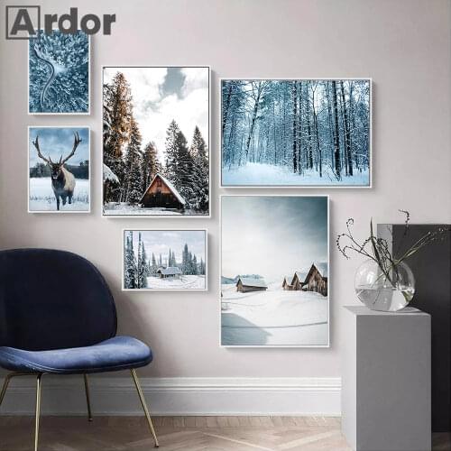 Snow Pine Forest Deer Winter Landscape Wall Art Canvas Painting Nordic Posters And Prints Modern Wall Pictures Living Room Decor