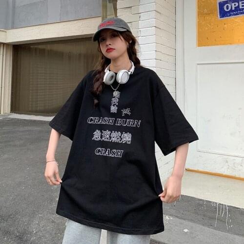 Summer Harajuku style Chinese printed short-sleeved t-shirt womens half-sleeved loose top T-shirt all-match women