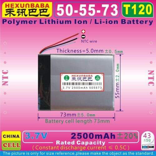 2pcs [T120] 3.7V 2500mAh [505573] NTC Polymer Lithium Ion Battery For Bluetooth,MP3 MP4,Power Bank,GPS