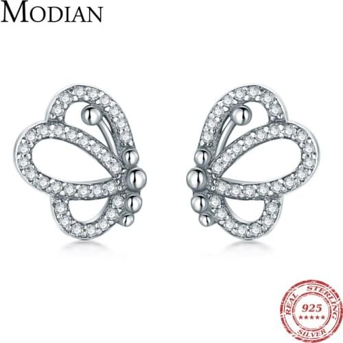 Modian Lovely Charm Butterfly Vintage Stud Earrings 925 Sterling Silver Brand Fashion Crystal Stud Earring For Women Jewelry