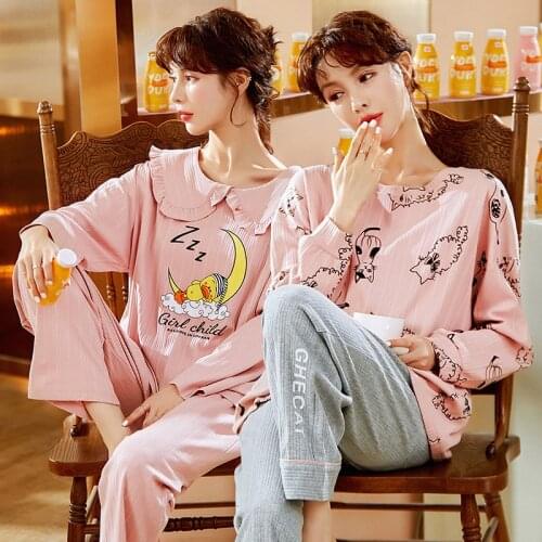 2021 Autumn Cotton Print Long Sleeve Pajama Sets for Women Korean Cute Sleepwear Suit Pyjamas Homewear Pijama Mujer Home Clothes