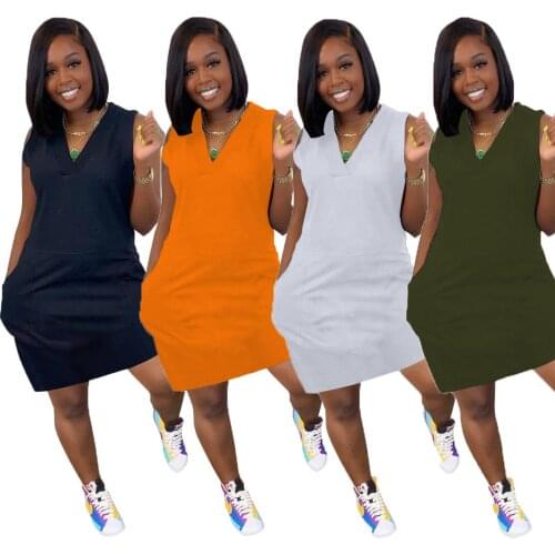 Casual Women Dress V-neck Loose Sleeveless Solid Color With Pocket Summer Dresses For Women Outfit