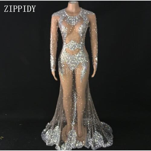 See Through Silver Rhinestones Long Tail Dress Women Birthday Celebrate Transparent Dress Prom Mesh Stretch Outfit Women Dresses