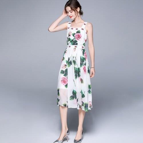 Rose Print Summer Dress Women Spaghetti Strap Long Chiffon Dress High Waist A-Line Party Dress White Korean Sleeveless k8856