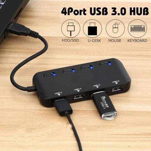 Ultra Slim 4 Port USB 3.0 Data Hub Splitter Extender with Individual Power Switch and LED Lights
