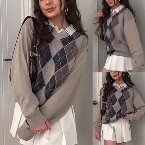 Fall Winter Women Sweater Light Brown V-Neck Lingge Knitted Sweaters Loose Long-Sleeved Warm Pullover Tops Blouse College Style