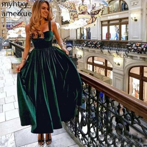 Tea Length Dark Green Prom Dresses Spaghetti Straps Vestido De Festa Simple Formal Party Gowns Special Occasion Plus Size Prom