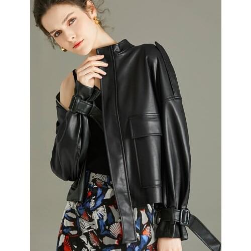 Women Spring And Autumn Leather Pu Coat Black Large Silhouette Solid Drawstring Court Sleeve Short Retro Leather Jackets Outwear