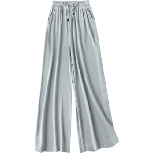 2020 New Women Summer Autumn Natural Silk Pants Silk Loose Style Trousers Work Wear Holiday wide leg blue Silk Pants