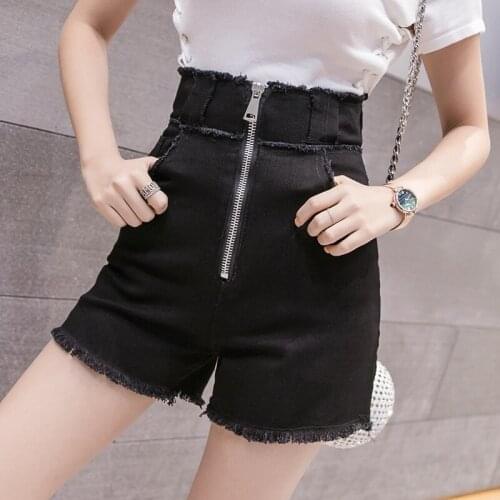 Fashion Black Denim Shorts Women Summer High Waist Washed Front Zipper Slim Hot Pants Streetwear Tassel Wide Leg Shorts