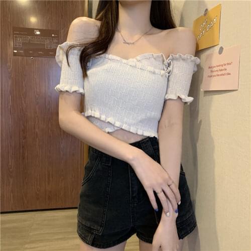 Woman Tshirts Womens Summer 2021 Short off-Shoulder Knitted Short-Sleeved Shirt Crop Top Mujer Camisetas