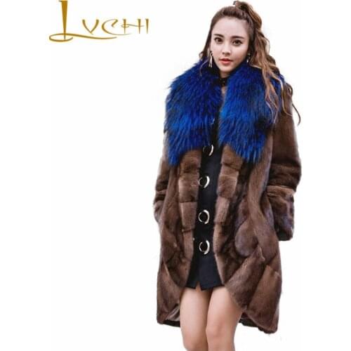 LVCHI Winter 2019 Female Long Sleeve Colorful Elegant Long Real Mink Fur Coats Womens Fox Turn-Down Collar Contrast Color Coats