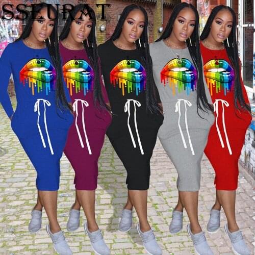 SSEURAT 2021 Women Autumn Midi Dress Pockets Mouth Print Sporty Sexy Bandage Party Night Casual Street Dresses Vestidos