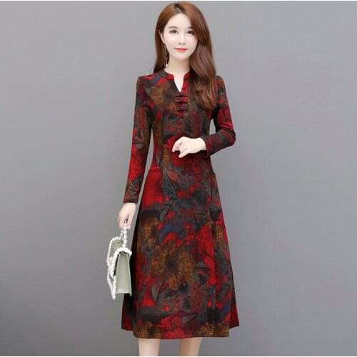 2019 Autumn new Casual Plus Size Print dress women vintage V-Neck Long Sleeve A-Line dress Womens clothing