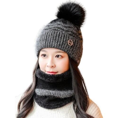 Winter Hats For Women Rabbit Fur Pompom hat set Warm Wool Slouchy Beanies For Female Fashion Skullies Lady Hats Scarf
