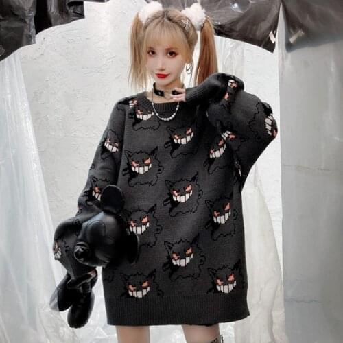 Winter Nylon Womens Sweater Round Collar Long Sleeve Pullover Knitted Little Monsters Print Couples Fashion Casual Sweater