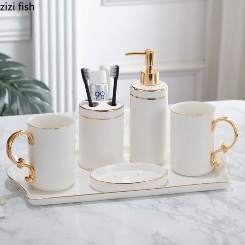 Gold Line Texture Bathroom Accessories Set Portable Soap Dispenser Toothbrush Holder Soap Dish Quality Ceramic Bath Supplies