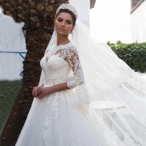 White Wedding Dress Lace Beading With Princess Ball Gown Scoop Full Sleeve Bride Gowns Beading Sashes Bow Lace Up With Plus Size