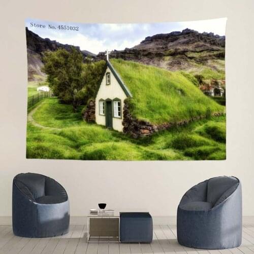 Church On Hill Filled With Grass Tapestry For Home Dorm Hotel Store Decorations Hanging Wall Or Tablecloth And Outdoor Mat TT143