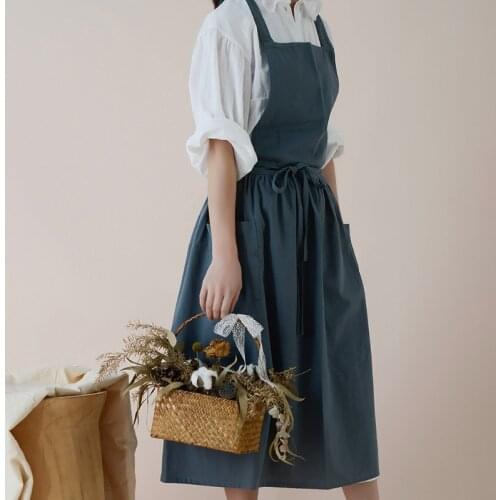 Women Cotton Linen Cross Back Apron Japanese Housework Baking Wrap Florist Dress