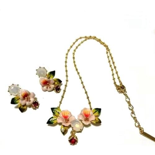 Hot Small Fresh Fashion Eco-Friendly Electroplated Enamel Flower Earrings And Necklace Jewelry Set