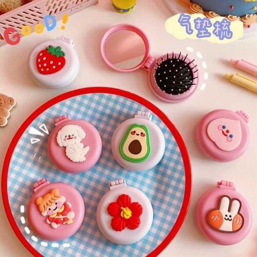 Kawaii Single-Sided Makeup Mirror With Comb Portable Cartoon Girl Bear Folding Round Mirror Cosmetic Travelling Tools Supplies